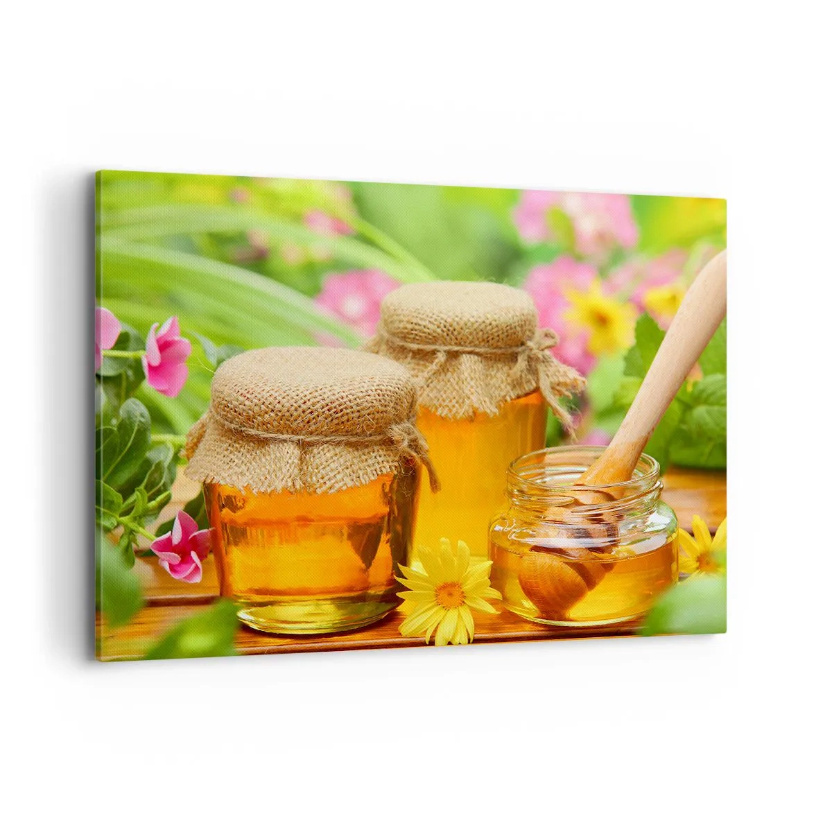 Impression sur toile - Image sur toile - Pots de miel avec des fleurs sur fond de jardin d'été - 100x70cm - Doux et fleuri - Décoration murale moderne pour le salon et la chambre ARTTOR