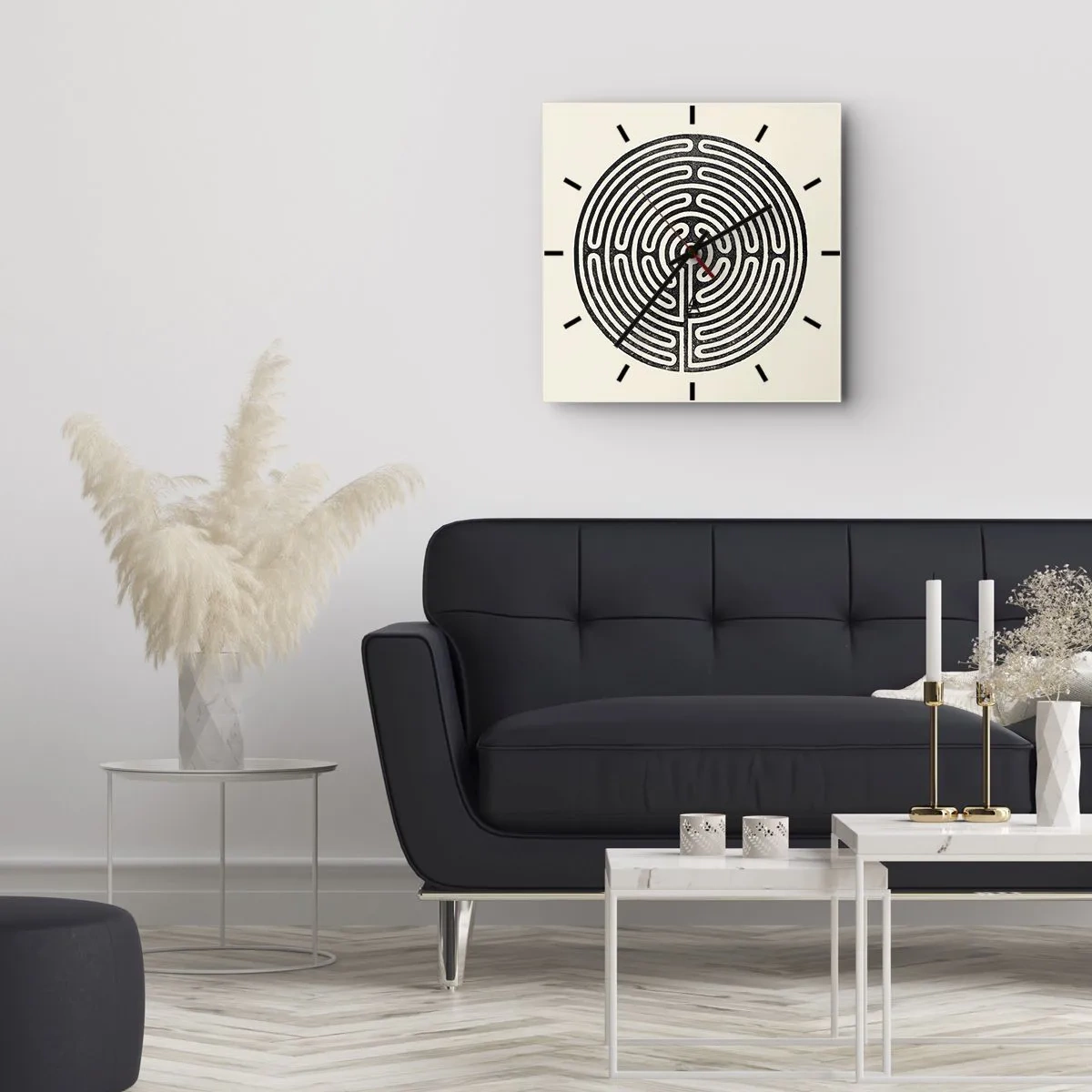 Horloge murale - Pendule murale - Labyrinthe circulaire noir et blanc sur fond clair - 30x30cm - Ordre mystérieux - Décoration murale moderne pour le salon et la chambre ARTTOR