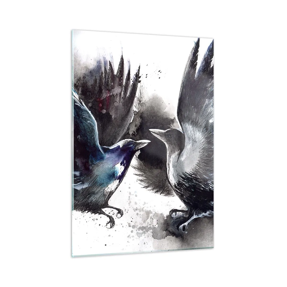Impression sur verre - Image sur verre - Deux corbeaux dans une pose dynamique avec les ailes déployées - 50x70cm - Le corbeau des corbeaux - Décoration murale moderne pour le salon et la chambre ARTTOR