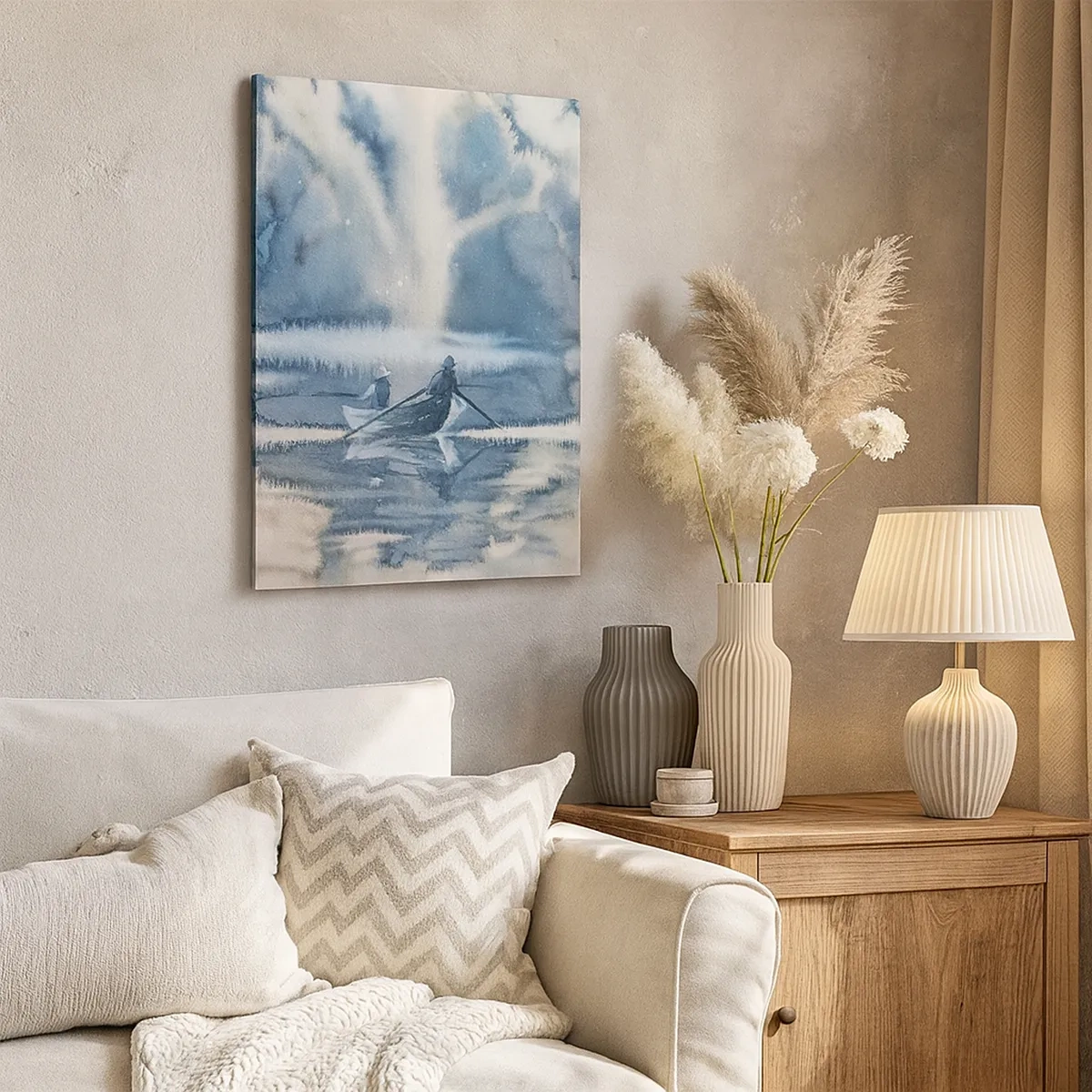 Impression sur toile - Image sur toile - Paysage à l'aquarelle avec des bateaux sur un lac entouré d'une forêt brumeuse - 50x70cm - Les pêcheurs dans leur paradis - Décoration murale moderne pour le salon et la chambre ARTTOR