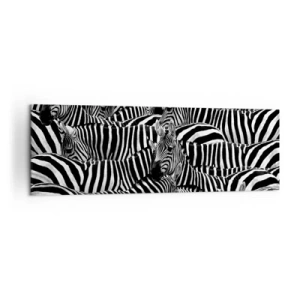 Impression sur toile - Image sur toile - Un groupe de zèbres avec des rayures noires et blanches créant un motif de symétrie. - 160x50cm - Portrait collectif à rayures - Décoration murale moderne pour le salon et la chambre ARTTOR