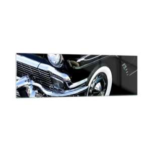 Impression sur verre - Image sur verre - Gros plan du phare et du garde-boue d'une voiture classique noire - 160x50cm - Classique en argent, noir et blanc - Décoration murale moderne pour le salon et la chambre ARTTOR