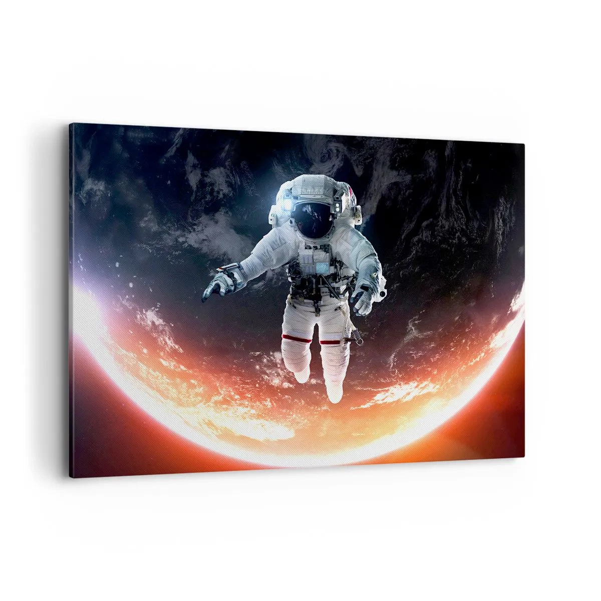 Impression sur toile - Image sur toile - Un astronaute flottant au-dessus d'une Terre éclairée par le soleil - 100x70cm - Puis-je rester un peu plus longtemps ? - Décoration murale moderne pour le salon et la chambre ARTTOR
