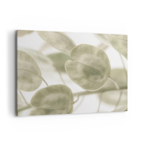 Impression sur toile - Image sur toile - Une peinture délicate de feuilles dans des tons pastel de vert sur un fond clair. - 120x80cm - Au commencement il y avait des feuilles... - Décoration murale moderne pour le salon et la chambre ARTTOR