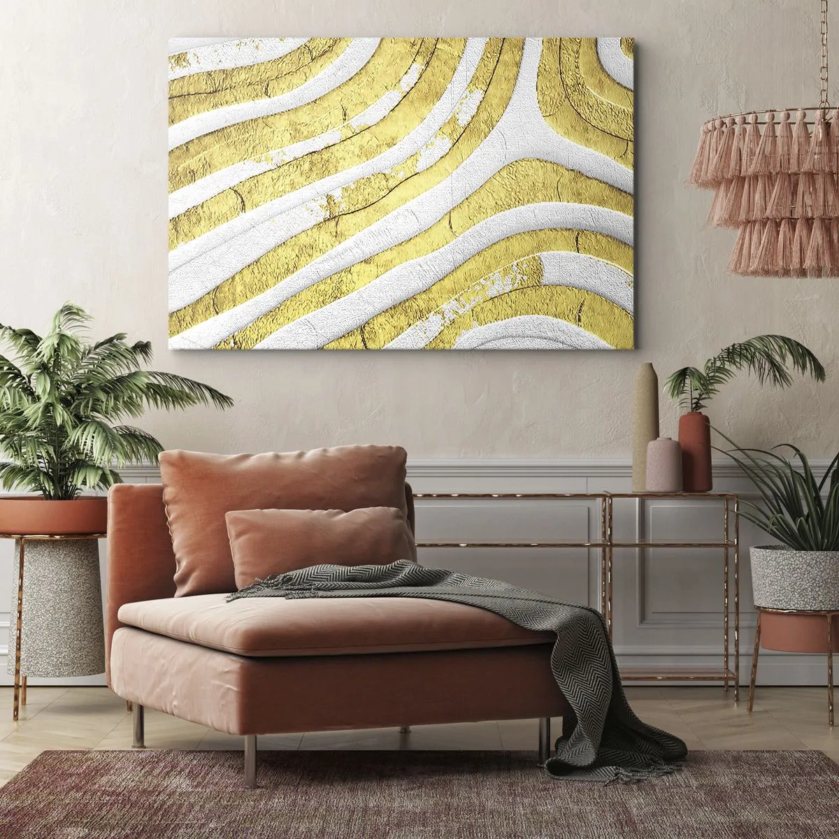 Impression sur toile - Image sur toile - Lignes abstraites dorées et blanches dans une texture 3D - 70x50cm - Composition en blanc et or - Décoration murale moderne pour le salon et la chambre ARTTOR
