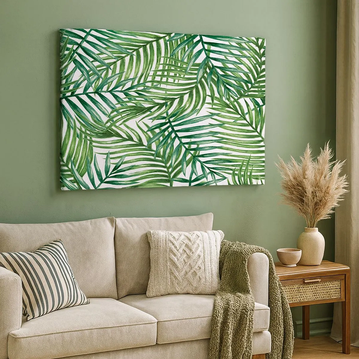 Impression sur toile - Image sur toile - Feuilles de palmier tropicales vertes sur fond clair - 70x50cm - Sous la canopée verte - Décoration murale moderne pour le salon et la chambre ARTTOR