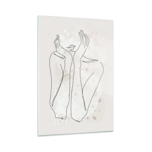 Impression sur verre - Image sur verre - Un croquis minimaliste des mains et des lèvres d'une femme sur un fond beige. - 50x70cm - Instant de rêve - Décoration murale moderne pour le salon et la chambre ARTTOR