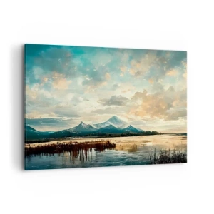 Impression sur toile - Image sur toile - Un paysage pittoresque avec une montagne et un lac calme - 120x80cm - Sous la protection du ciel - Décoration murale moderne pour le salon et la chambre ARTTOR
