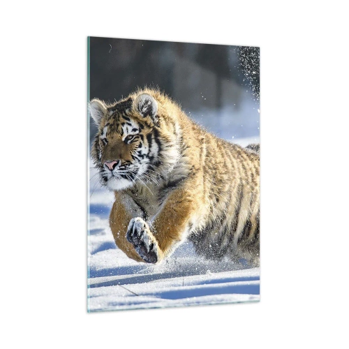 Impression sur verre - Image sur verre - Un tigre de Sibérie court dans la neige dans un paysage hivernal. - 50x70cm - Dieu de la taïga sibérienne - Décoration murale moderne pour le salon et la chambre ARTTOR