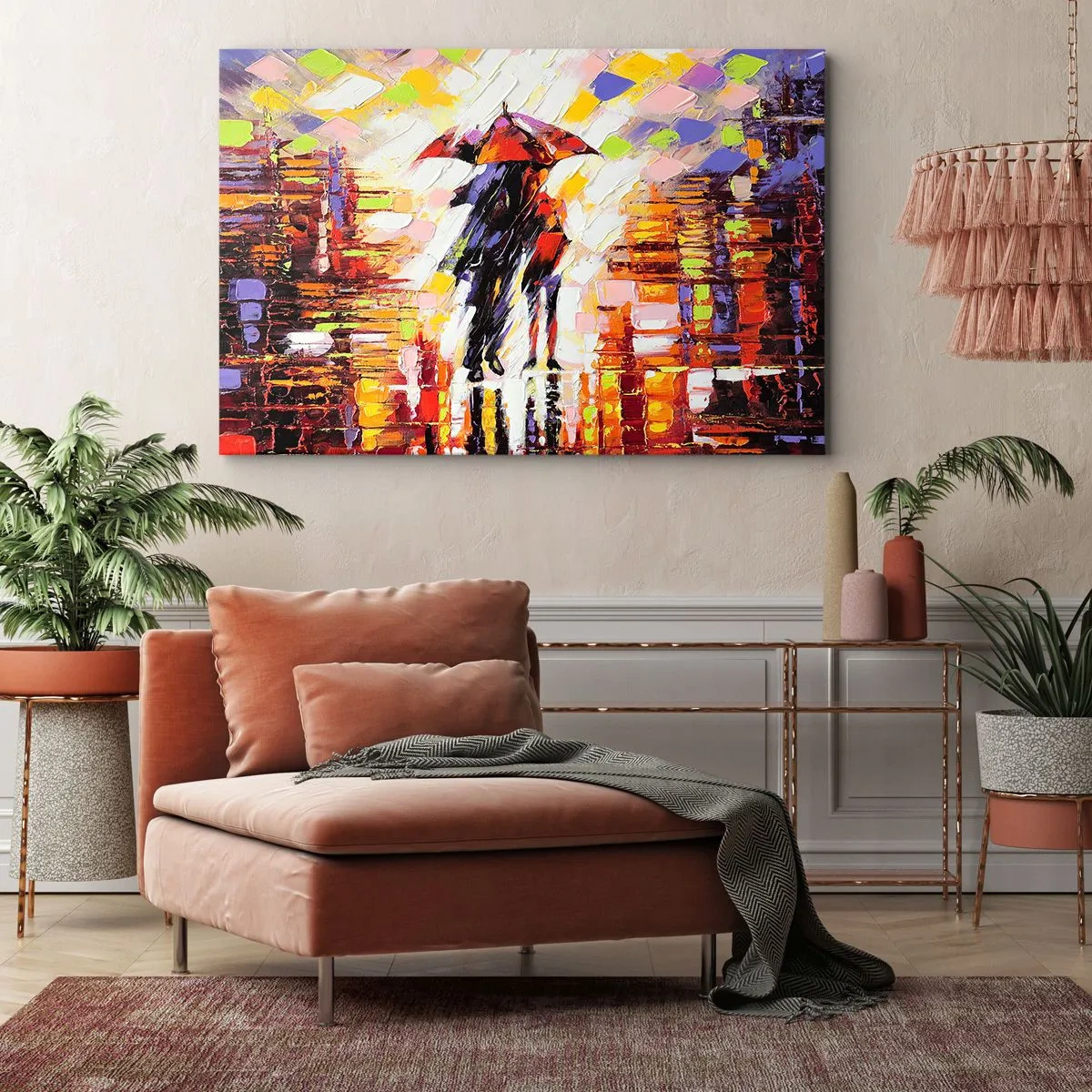 Impression sur toile - Image sur toile - Une scène abstraite d'une promenade sous un parapluie par une nuit pluvieuse. - 70x50cm - Ensemble à travers la nuit et la pluie - Décoration murale moderne pour le salon et la chambre ARTTOR