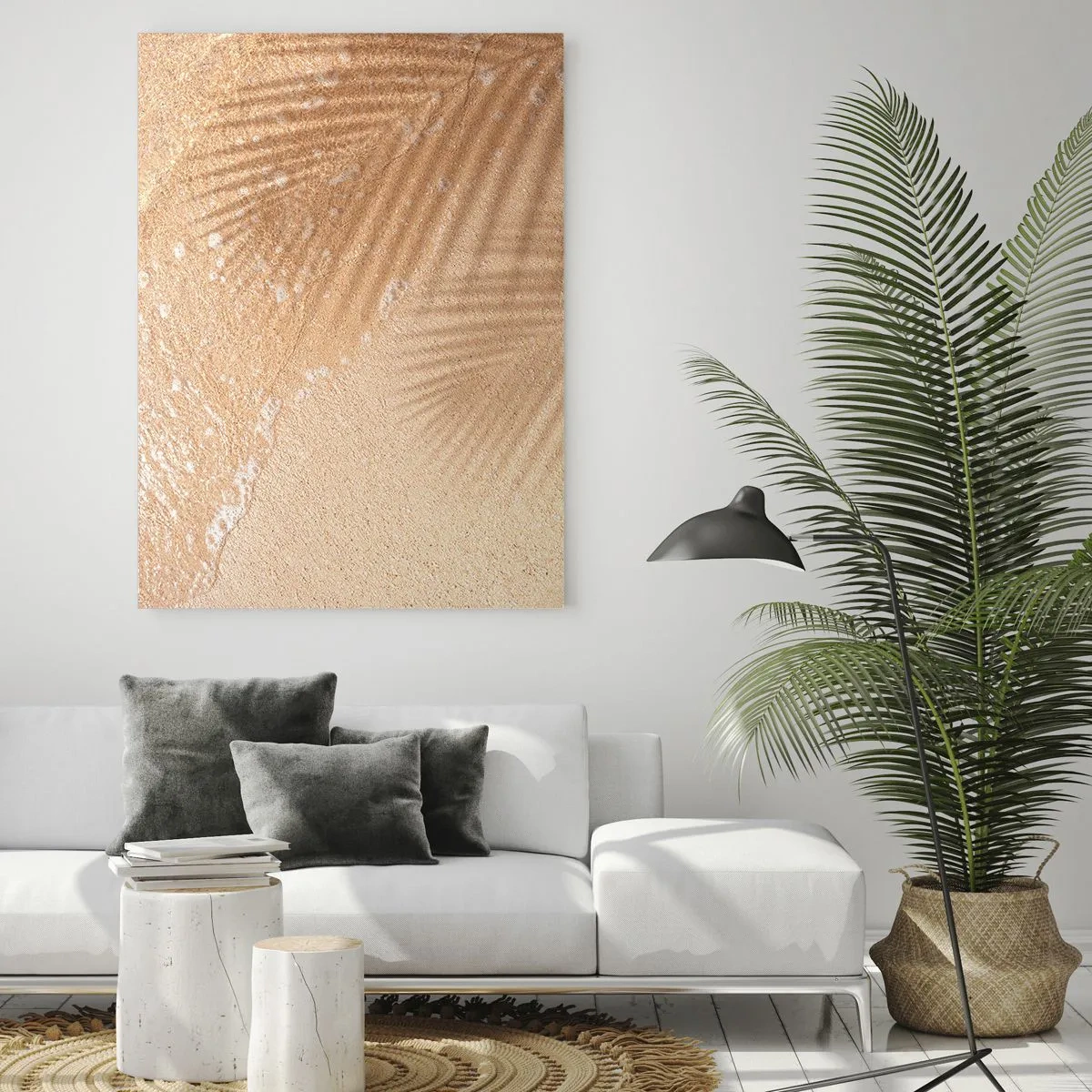 Impression sur verre - Image sur verre - L'ombre d'un palmier sur le sable avec un délicat motif de vagues - 80x120cm - Ombre d'un été chaud - Décoration murale moderne pour le salon et la chambre ARTTOR