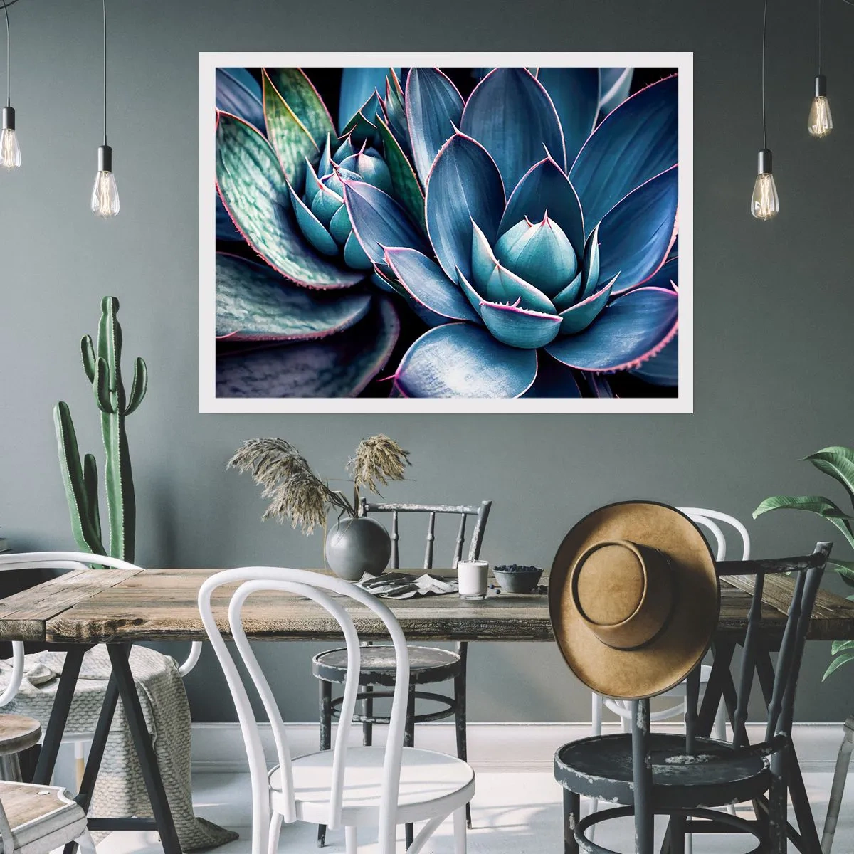 Affiche - Poster - Agave dans des tons de bleu et de vert avec des accents roses - 100x70cm - Force vital - Décoration murale moderne pour le salon et la chambre ARTTOR