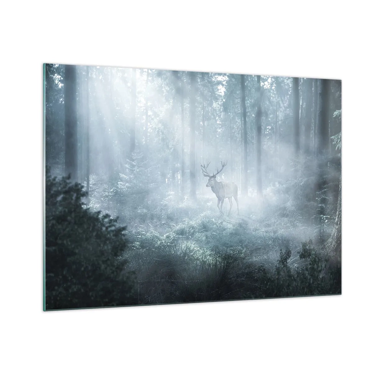 Impression sur verre - Image sur verre - Un cerf dans une forêt brumeuse illuminée par les rayons du soleil du matin - 100x70cm - Visite matinale du domaine - Décoration murale moderne pour le salon et la chambre ARTTOR