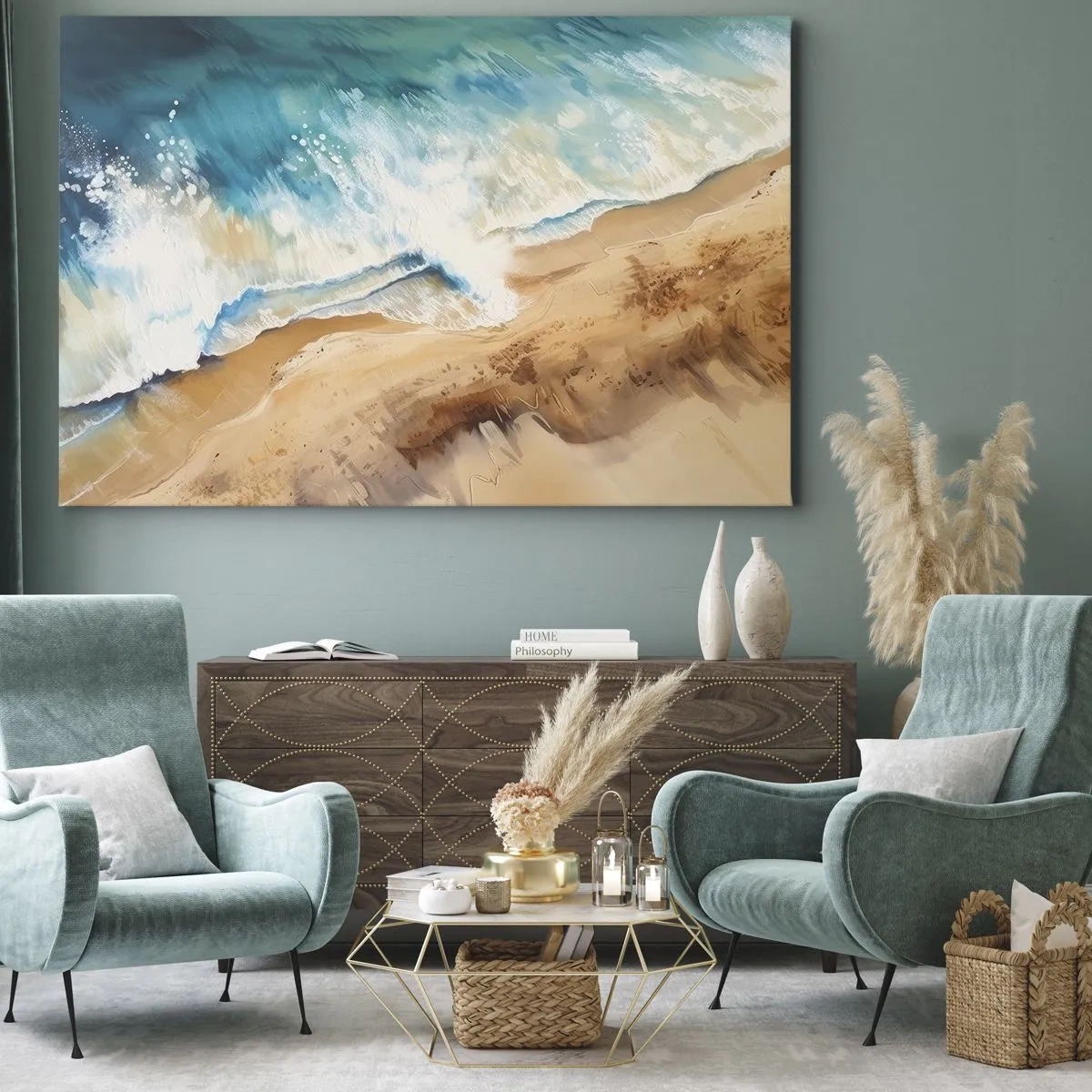 Impression sur toile - Image sur toile - Une vague de mer s'écrasant contre le rivage sablonneux - 120x80cm - La vague qui revient - Décoration murale moderne pour le salon et la chambre ARTTOR