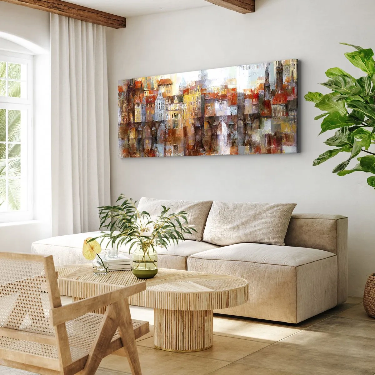 Impression sur toile - Image sur toile - Un panorama pittoresque de la ville avec un pont aux couleurs d'automne - 160x50cm - C'est aussi beau sous le pont - Décoration murale moderne pour le salon et la chambre ARTTOR