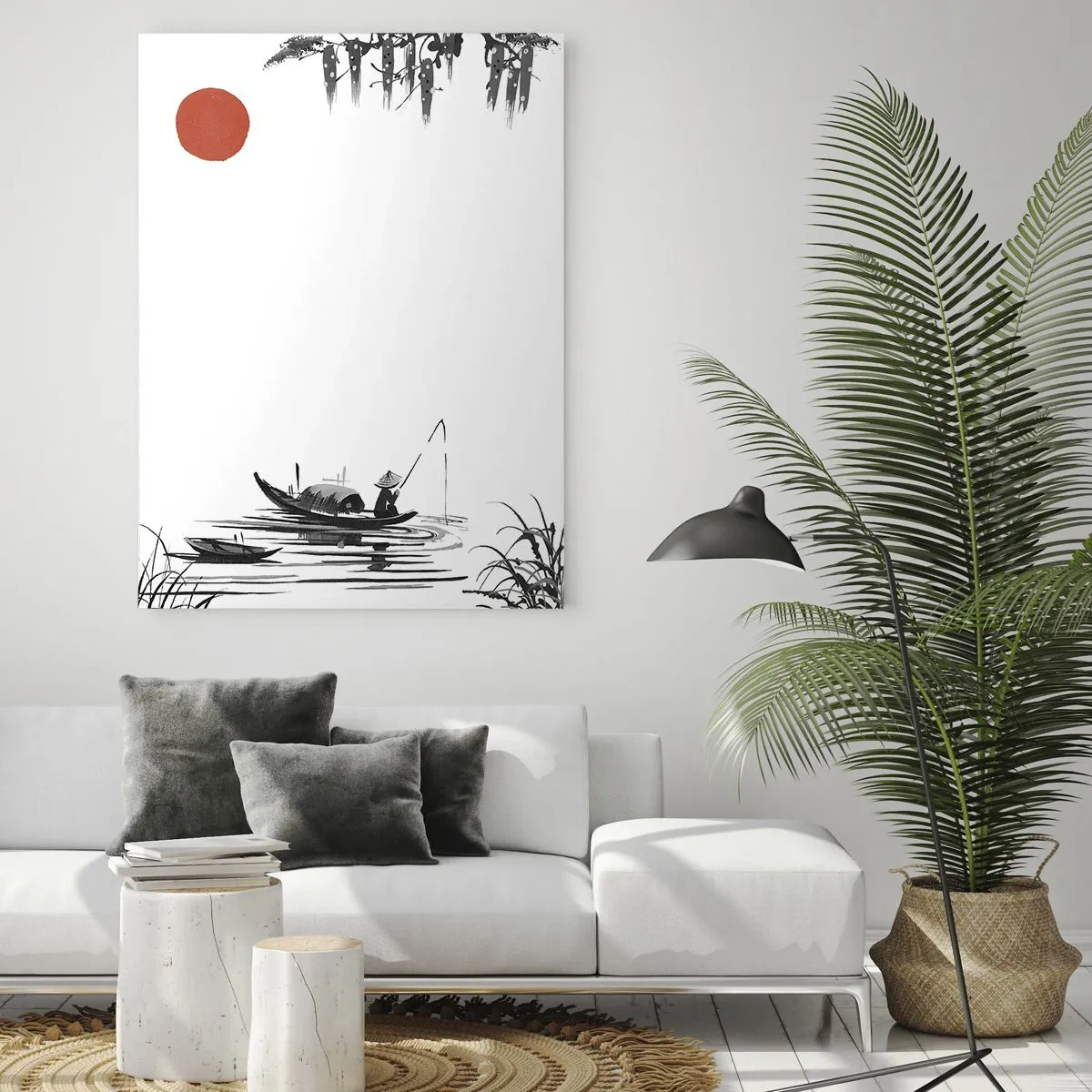 Impression sur verre - Image sur verre - Paysage oriental avec un pêcheur sur un bateau et un soleil rouge - 70x100cm - Après-midi asiatique - Décoration murale moderne pour le salon et la chambre ARTTOR
