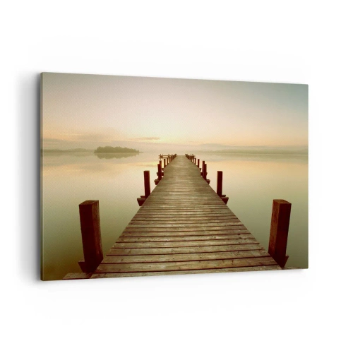 Impression sur toile - Image sur toile - Une jetée en bois sur un lac calme le matin - 120x80cm - L'aube, les premières lueurs, le jour - Décoration murale moderne pour le salon et la chambre ARTTOR
