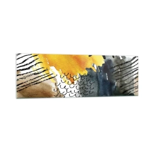 Impression sur verre - Image sur verre - Une composition abstraite avec des accents jaunes et des motifs graphiques. - 160x50cm - Rencontre des éléments - Décoration murale moderne pour le salon et la chambre ARTTOR