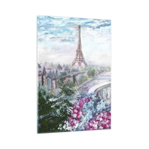 Impression sur verre - Image sur verre - Illustration d'une vue de la Tour Eiffel avec un balcon rempli de fleurs - 50x70cm - C'est le plus beau ici en mai - Décoration murale moderne pour le salon et la chambre ARTTOR