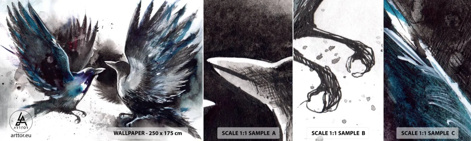 Échantillon De Papier Peint Standard Eco - Le corbeau des corbeaux - Abstraction, Oiseau, Animaux - 100x30 cm