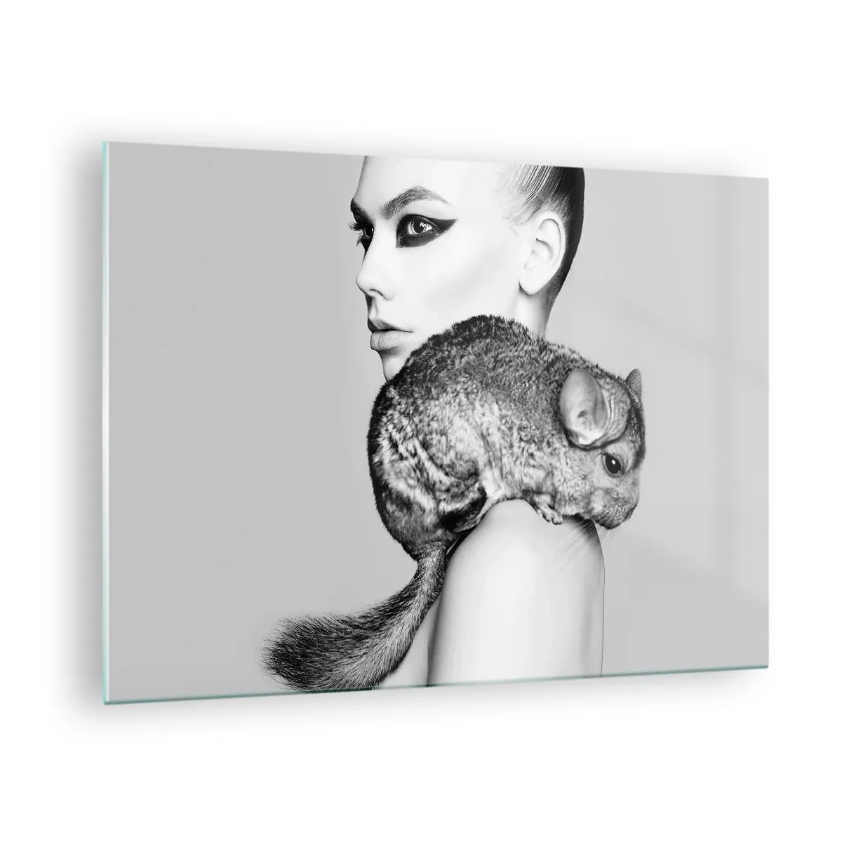 Impression sur verre - Image sur verre - Portrait d'une femme avec un chinchilla en noir et blanc - 70x50cm - Dame au chinchilla - Décoration murale moderne pour le salon et la chambre ARTTOR