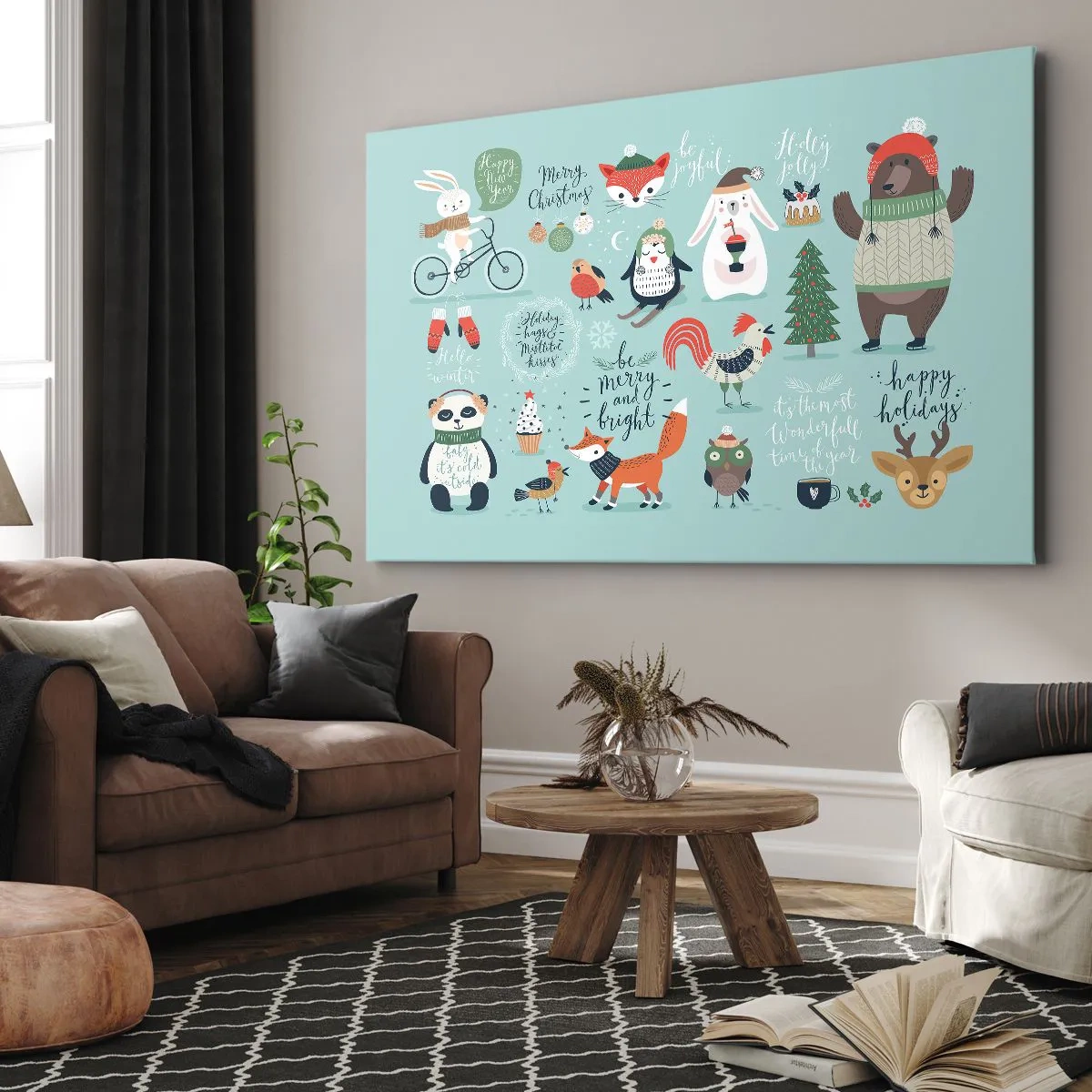 Impression sur toile - Image sur toile - Illustration de Noël d'animaux dans une ambiance hivernale - 100x70cm - Que ce soit toujours Noël ! - Décoration murale moderne pour le salon et la chambre ARTTOR