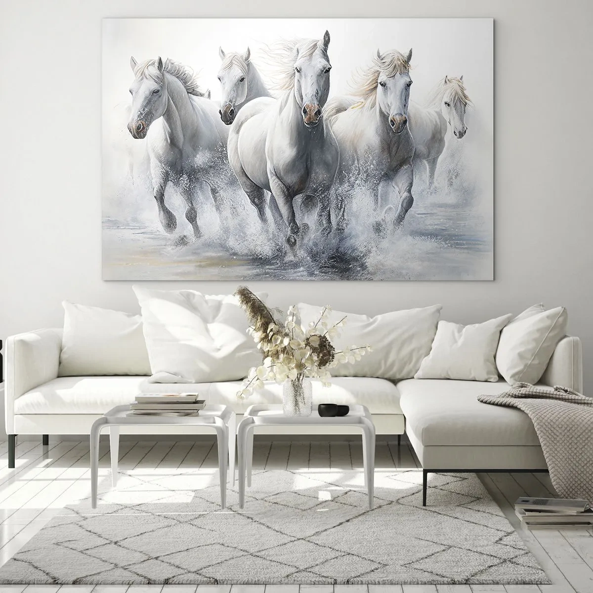 Impression sur verre - Image sur verre - Chevaux blancs galopant dans l'eau dans une composition dynamique - 100x70cm - Magie blanche - Décoration murale moderne pour le salon et la chambre ARTTOR