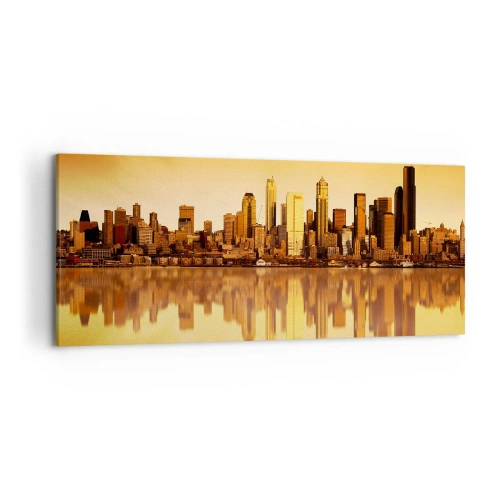 Impression sur toile - Image sur toile - Panorama de la ville reflété dans l'eau au coucher du soleil - 120x50cm - Le silence de la métropole - Décoration murale moderne pour le salon et la chambre ARTTOR