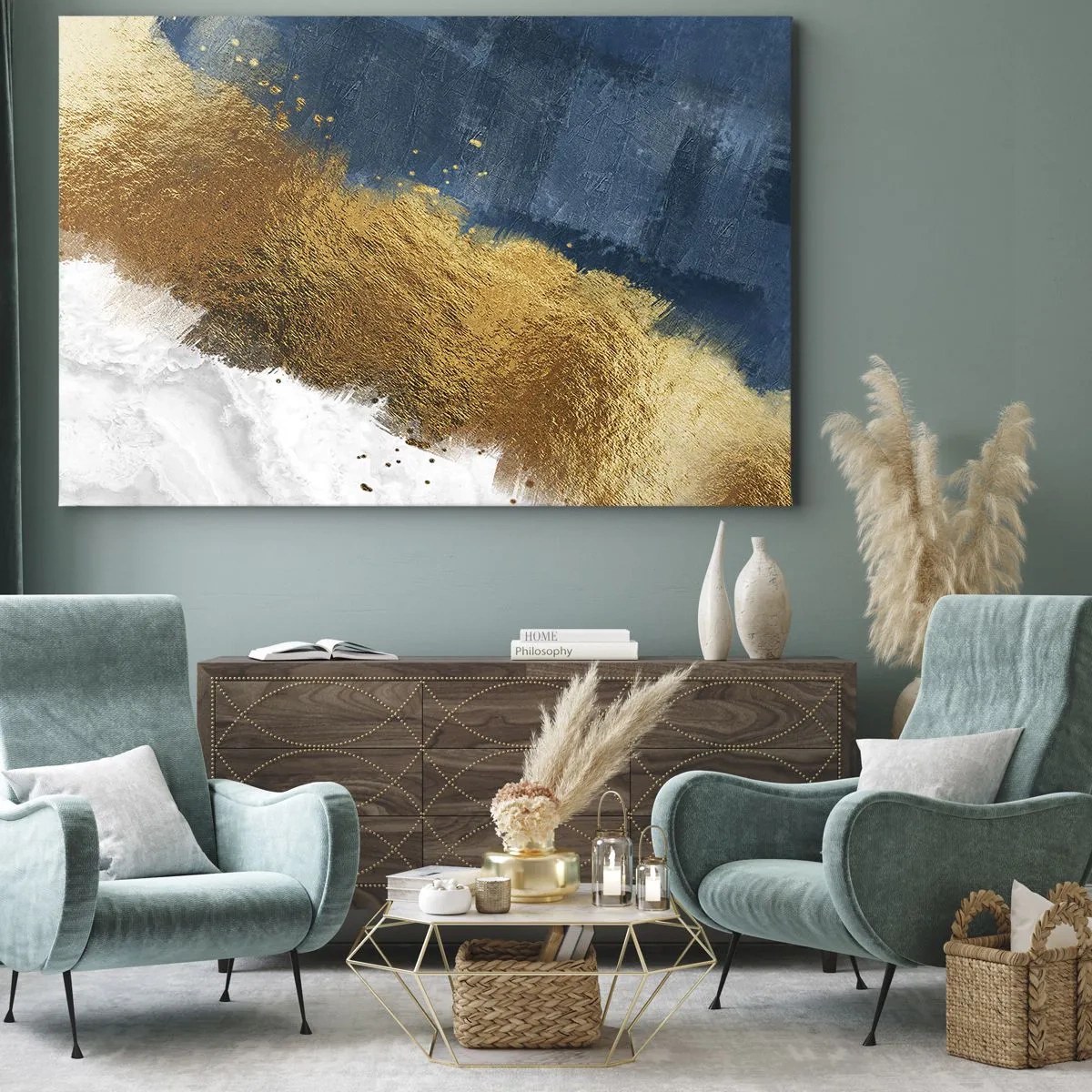 Impression sur toile - Image sur toile - Une composition abstraite dans des tons d'or, de bleu et de blanc. - 70x50cm - Les couleurs de l’été - Décoration murale moderne pour le salon et la chambre ARTTOR