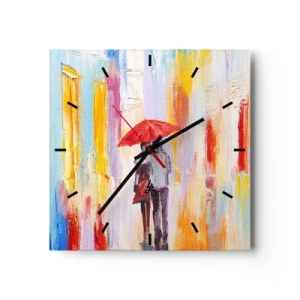 Horloge murale - Pendule murale - Un couple sous un parapluie rouge avec des bâtiments colorés en arrière-plan. - 30x30cm - Qu'il pleuve encore - Décoration murale moderne pour le salon et la chambre ARTTOR