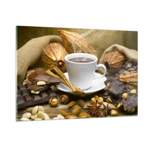 Impression sur verre - Image sur verre - Une tasse de chocolat chaud entourée de chocolat et d'épices - 120x80cm - Pour les amateurs de sensations fortes - Décoration murale moderne pour le salon et la chambre ARTTOR