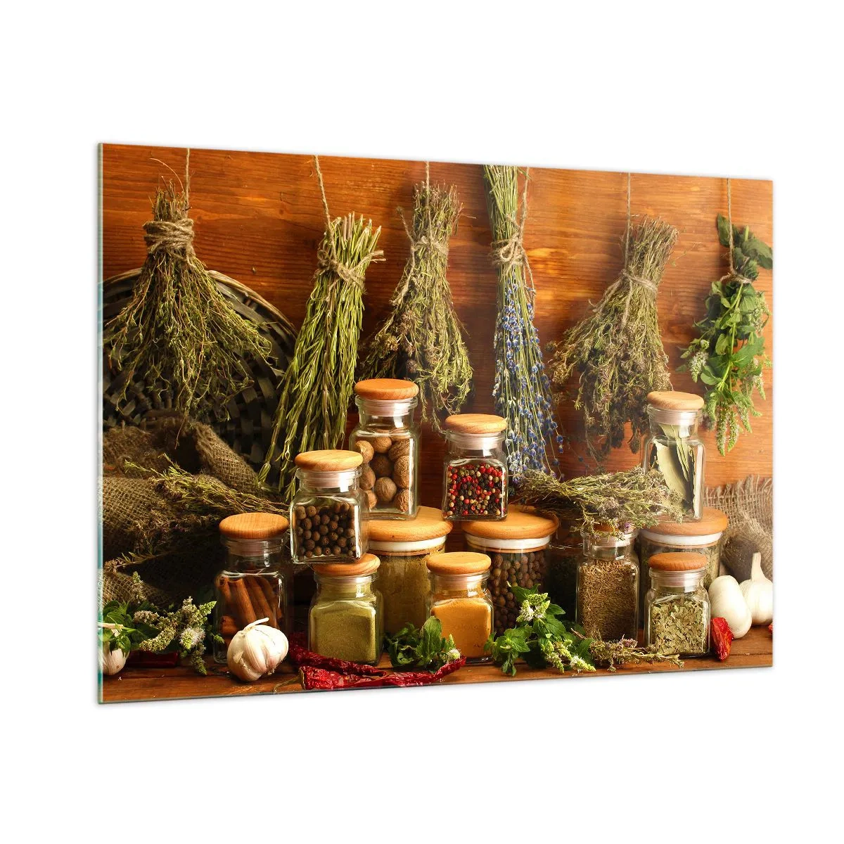 Impression sur verre - Image sur verre - Herbes et épices en pots sur fond de bois - 100x70cm - Sortilèges de cuisine - Décoration murale moderne pour le salon et la chambre ARTTOR