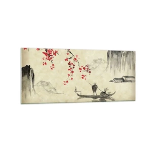 Impression sur verre - Image sur verre - Illustration orientale avec un bateau et une branche fleurie - 120x50cm - Au pays des cerisiers en fleurs - Décoration murale moderne pour le salon et la chambre ARTTOR