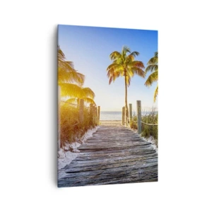 Impression sur toile - Image sur toile - Chemin en bois sur la plage avec des palmiers en arrière-plan - 70x100cm - Directement au paradis - Décoration murale moderne pour le salon et la chambre ARTTOR