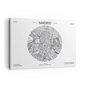 Impression sur toile - Image sur toile - Carte de Madrid dans un style minimaliste en noir et blanc - 100x70cm - Anatomie de Madrid - Décoration murale moderne pour le salon et la chambre ARTTOR