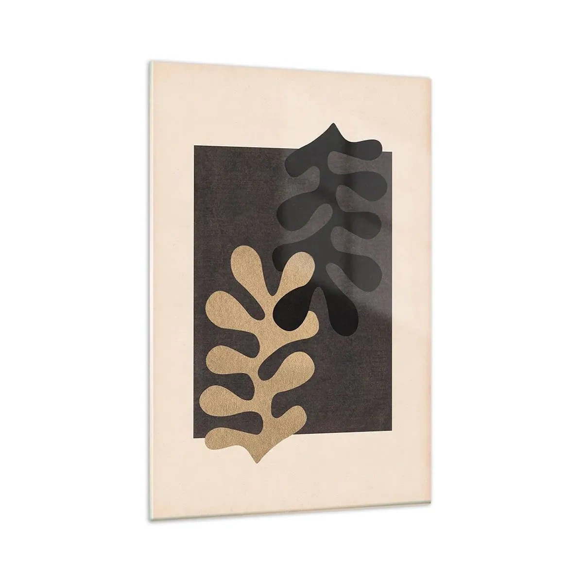 Impression sur verre - Image sur verre - Feuilles abstraites en noir et beige sur un fond rectangulaire - 80x120cm - Absence et complément - Décoration murale moderne pour le salon et la chambre ARTTOR