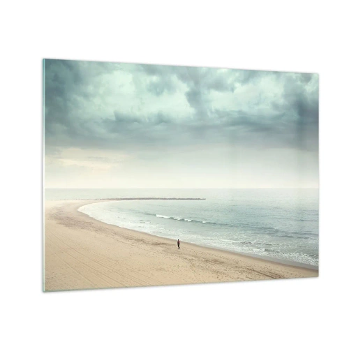 Impression sur verre - Image sur verre - Une silhouette se promenant sur une plage déserte au bord d'une mer calme - 70x50cm - à la recherche de la paix - Décoration murale moderne pour le salon et la chambre ARTTOR
