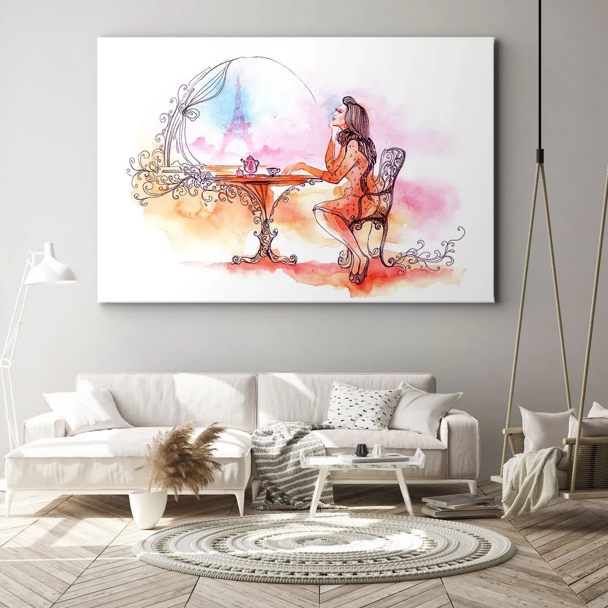 Impression sur toile - Image sur toile - Aquarelle romantique d'une femme dans un café surplombant une tour - 100x70cm - Le chic parisien - Décoration murale moderne pour le salon et la chambre ARTTOR