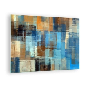 Impression sur verre - Image sur verre - Composition géométrique abstraite dans les tons de bleu et de marron - 70x50cm - A travers le voile bleu - Décoration murale moderne pour le salon et la chambre ARTTOR