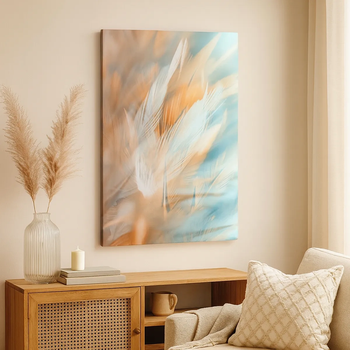 Impression sur toile - Image sur toile - Plumes délicates dans des tons pastel de bleu et d'orange - 50x70cm - Au pays de la douceur - Décoration murale moderne pour le salon et la chambre ARTTOR