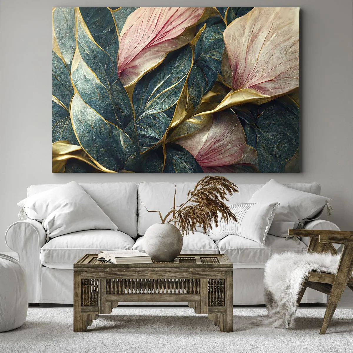 Impression sur toile - Image sur toile - Feuilles élégantes en vert, or et rose - 70x50cm - Élégance et style naturels - Décoration murale moderne pour le salon et la chambre ARTTOR