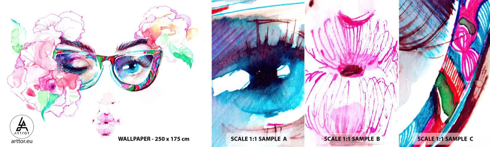 Échantillon de Papier Peint Autocollant Deluxe Sticker - Une promesse tentante - Abstraction, Les yeux de la femme, Lunettes - 100x30 cm