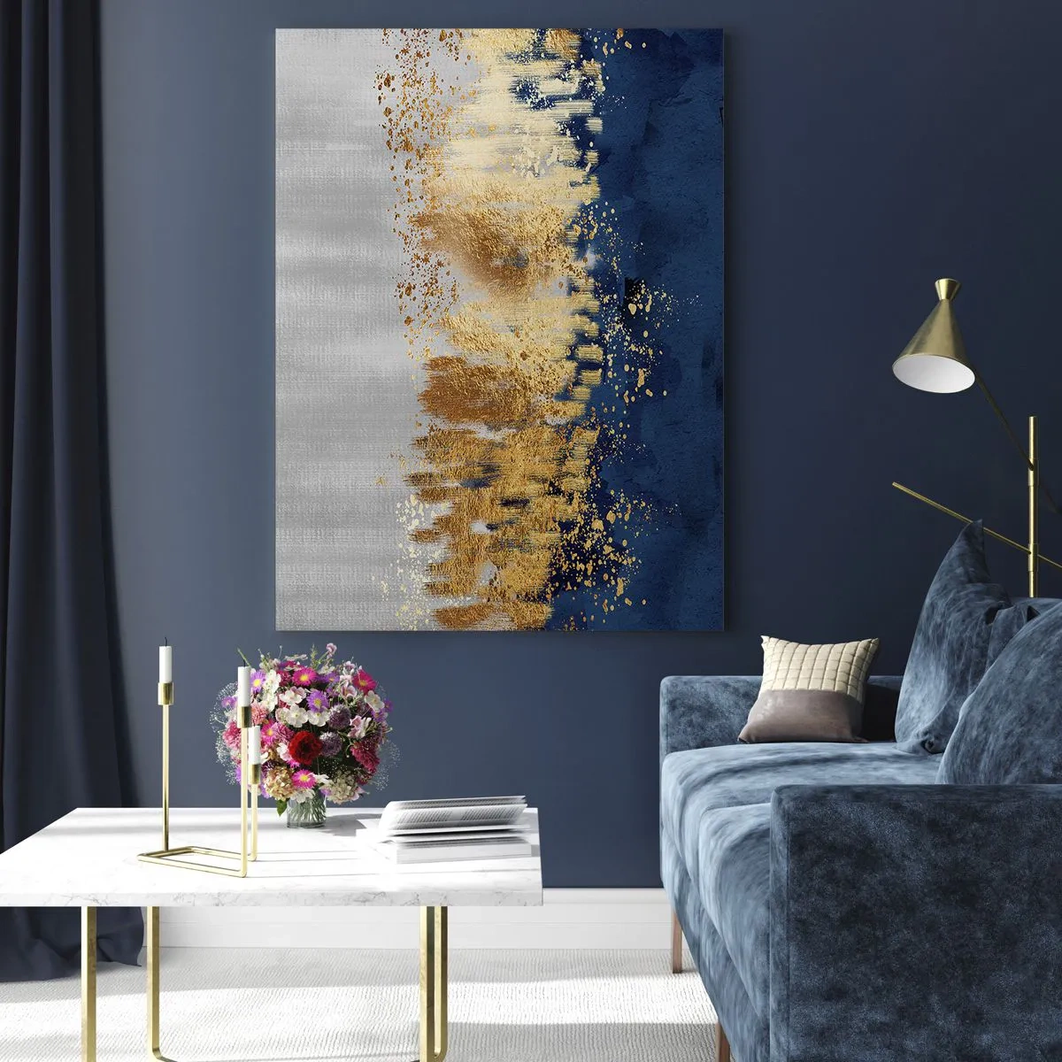 Impression sur verre - Image sur verre - Des accents dorés sur un fond bleu marine et argent - 50x70cm - Une composition moderne et pétillante - Décoration murale moderne pour le salon et la chambre ARTTOR