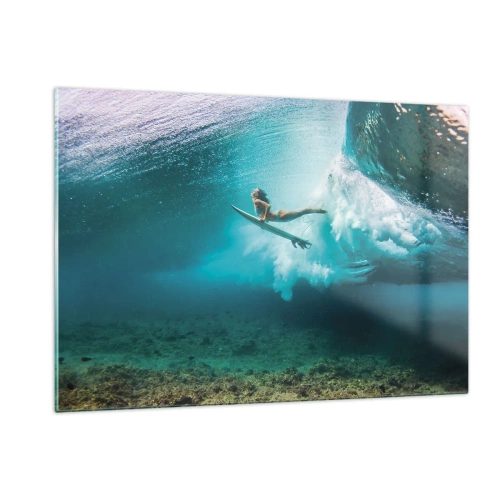 Impression sur verre - Image sur verre - Surfeur sous l'eau parmi les vagues avec une planche de surf - 120x80cm - Monde sous marin - Décoration murale moderne pour le salon et la chambre ARTTOR