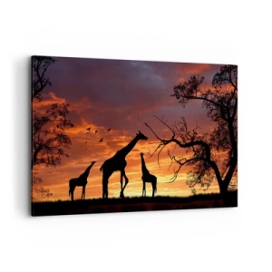 Impression sur toile - Image sur toile - Silhouettes de girafes sur fond de coucher de soleil africain - 100x70cm - Un petit dîner avec vos proches - Décoration murale moderne pour le salon et la chambre ARTTOR
