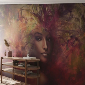 Papier Peint Photo Premium Sand - Une femme mystérieuse entourée de couleurs tourbillonnantes et de brouillard. - 100x70cm - Je suis ici! - Décoration murale moderne pour le salon et la chambre ARTTOR