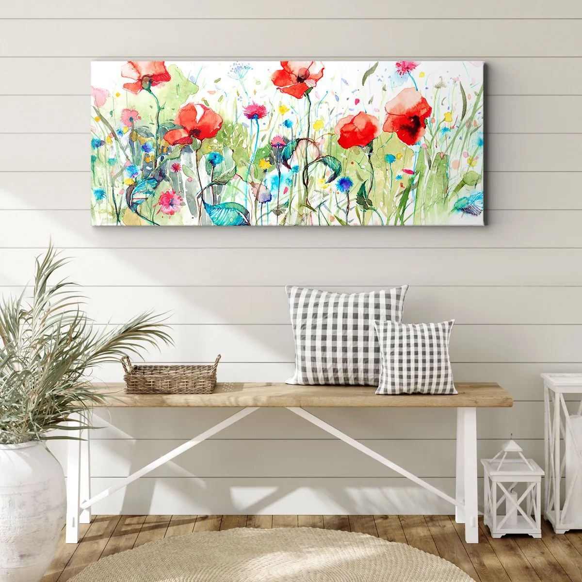 Impression sur toile - Image sur toile - Une prairie avec des coquelicots rouges et des fleurs colorées à l'aquarelle - 120x50cm - Prairie de fleurs en mai - Décoration murale moderne pour le salon et la chambre ARTTOR