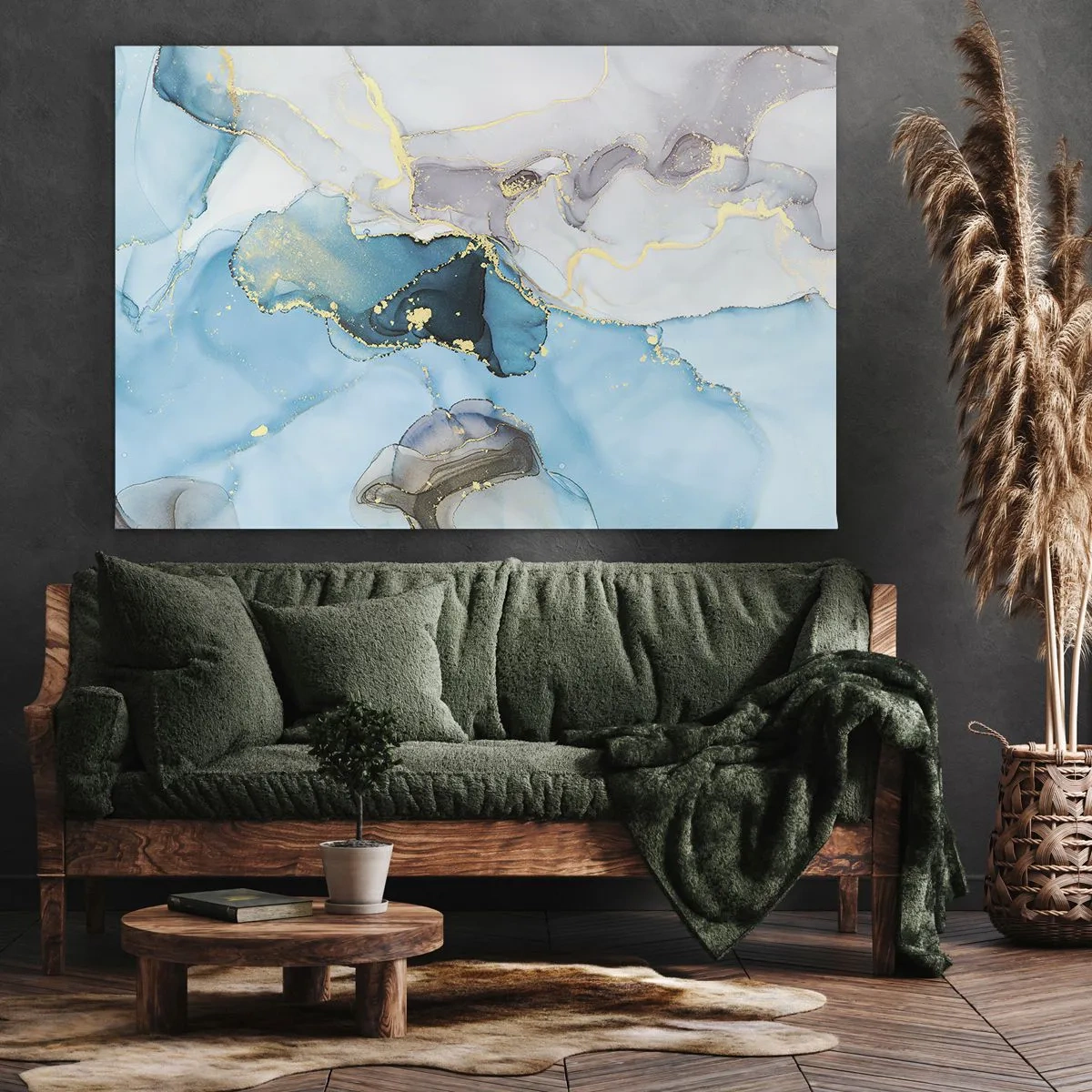 Impression sur toile - Image sur toile - Abstraction dans les tons de bleu et d'or avec des lignes subtiles - 70x50cm - Etude de la rencontre gris et turquoise - Décoration murale moderne pour le salon et la chambre ARTTOR