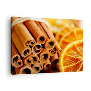 Impression sur toile - Image sur toile - Bâtons de cannelle avec des tranches d'orange séchées aux couleurs chaudes - 70x50cm - Sentez-vous leurs odeurs? - Décoration murale moderne pour le salon et la chambre ARTTOR