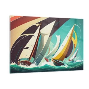 Impression sur verre - Image sur verre - Illustration de style rétro de voiliers dans une mer agitée - 120x80cm - Bonne chance avec les éléments - Décoration murale moderne pour le salon et la chambre ARTTOR